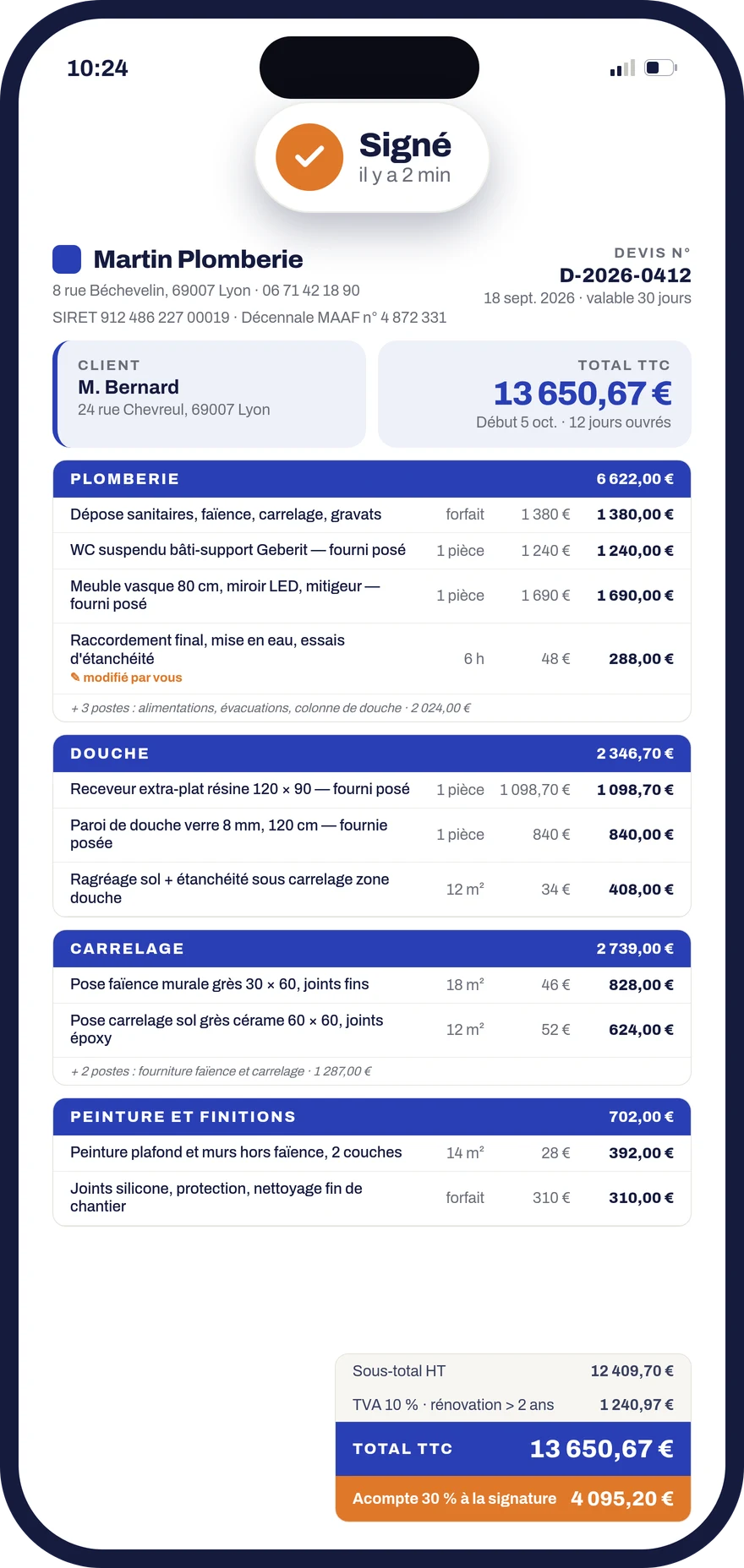 Devis Donizo signé par le client, détaillé par lot avec TVA 10 % et acompte de 30 %