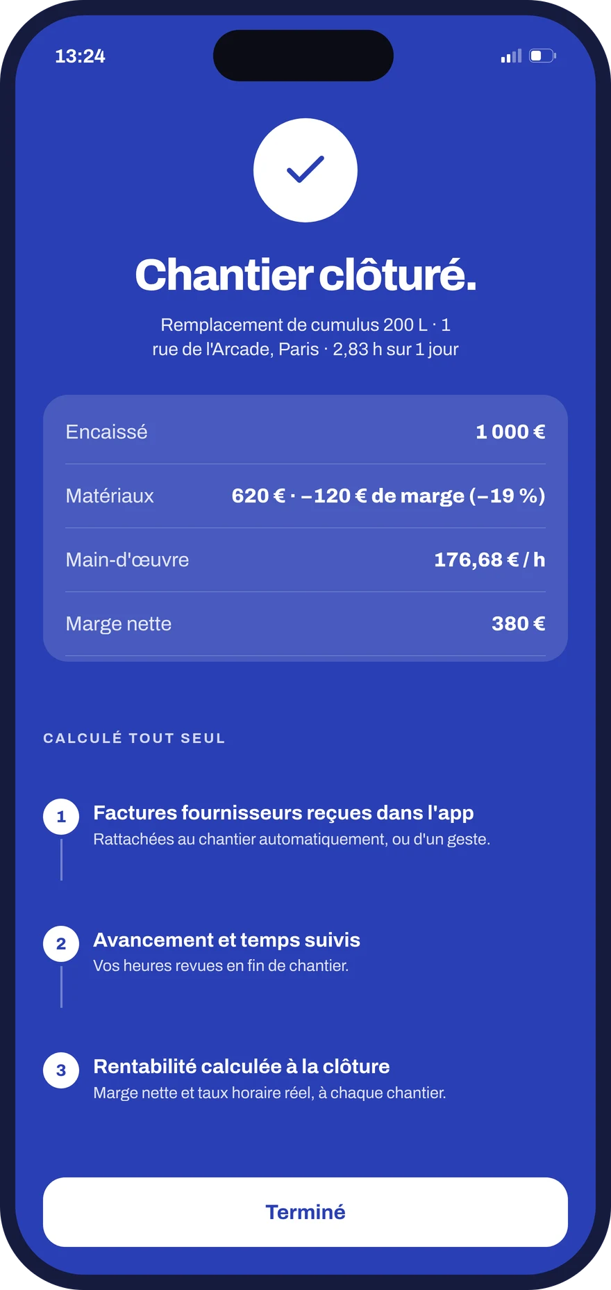 Bilan d'un chantier clôturé dans Donizo : encaissé, matériaux, main-d'œuvre et marge nette